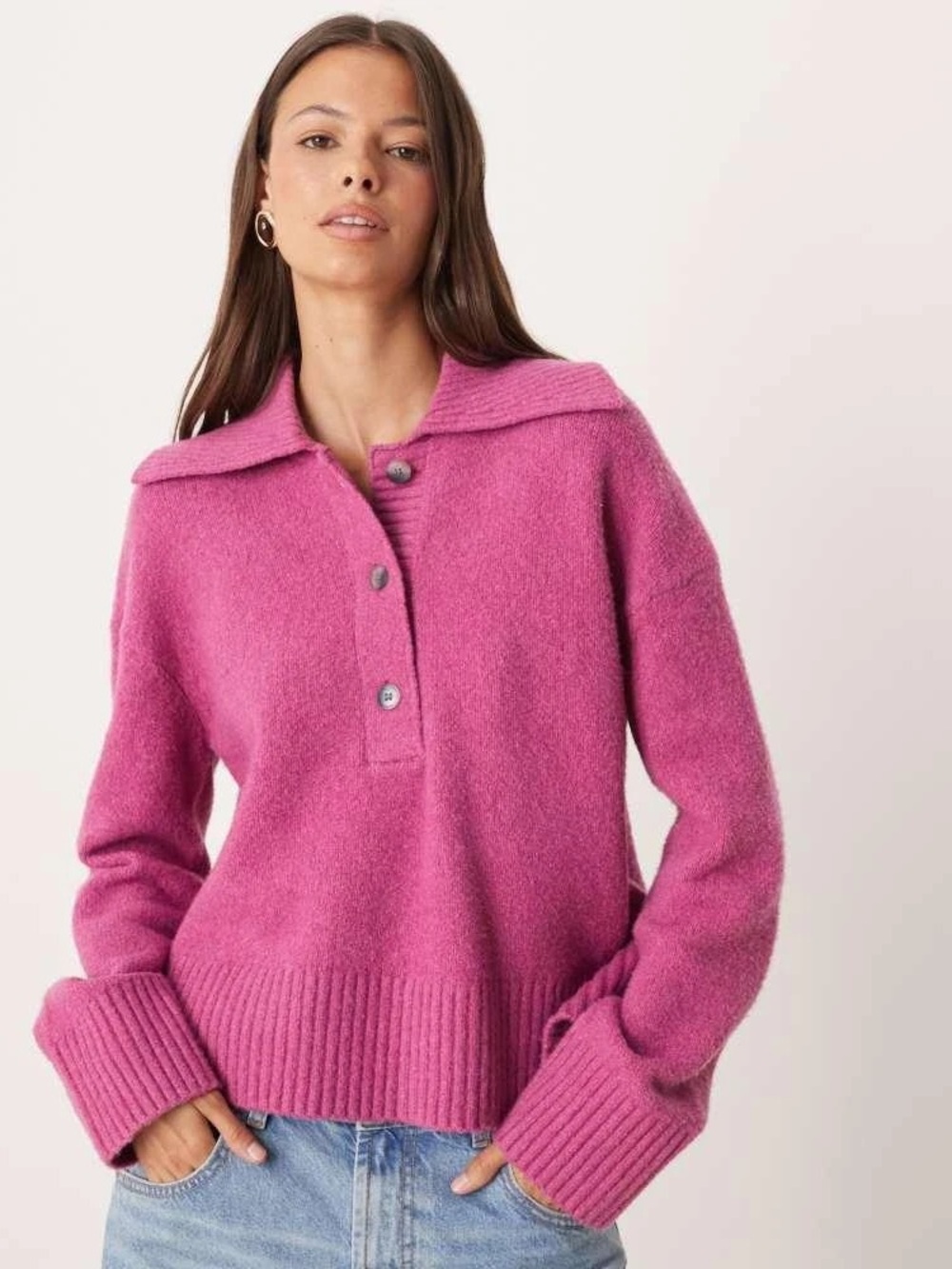 FREE PEOPLE Trading Up Polo Sweater in Magenta Haze Melange M